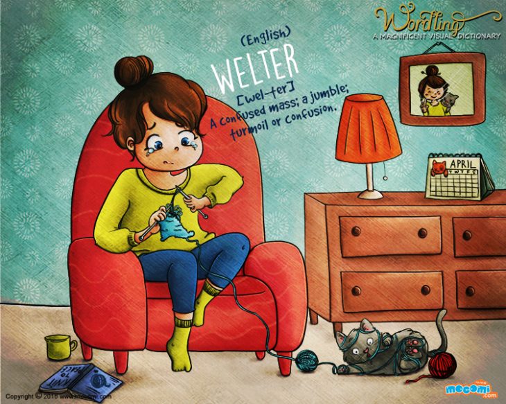 Illustration for children's website Mocomi for their Wordling series, showing a girl siting on a sofa and knitting, but she is all tangled up, as is the cat at her feet. The word is Welter