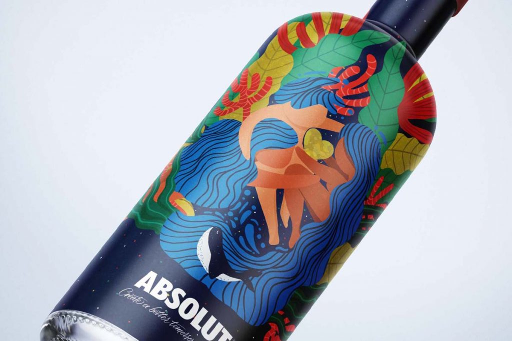 Illustrated packaging for a bottle of Absolut Vodka
